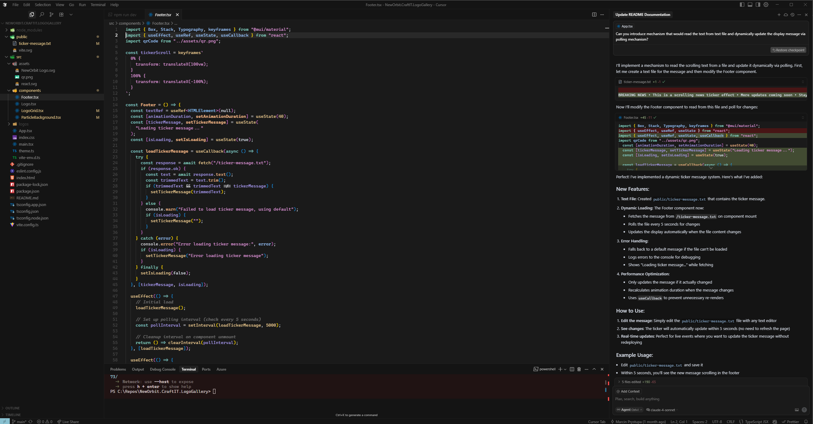 Code editor showing React component implementation for a scrolling ticker in the NewOrbit logo gallery app, alongside AI agent-generated code suggestions and documentation.