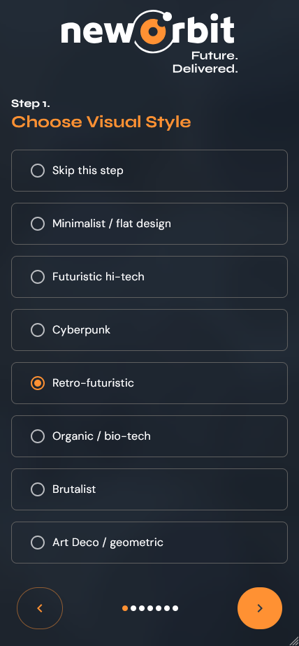 Step 1 of the NewOrbit logo generator form, prompting the user to choose a visual style such as cyberpunk, brutalist, or retro-futuristic, with sleek dark UI design.