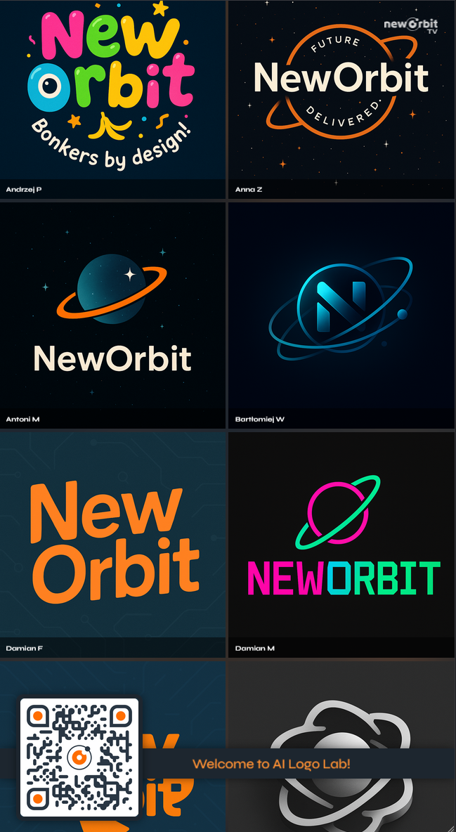 Gallery view displaying a collection of AI-generated NewOrbit logos in various styles, with participant names, a QR code in the corner, and a scrolling message bar saying "Welcome to AI Logo Lab!"