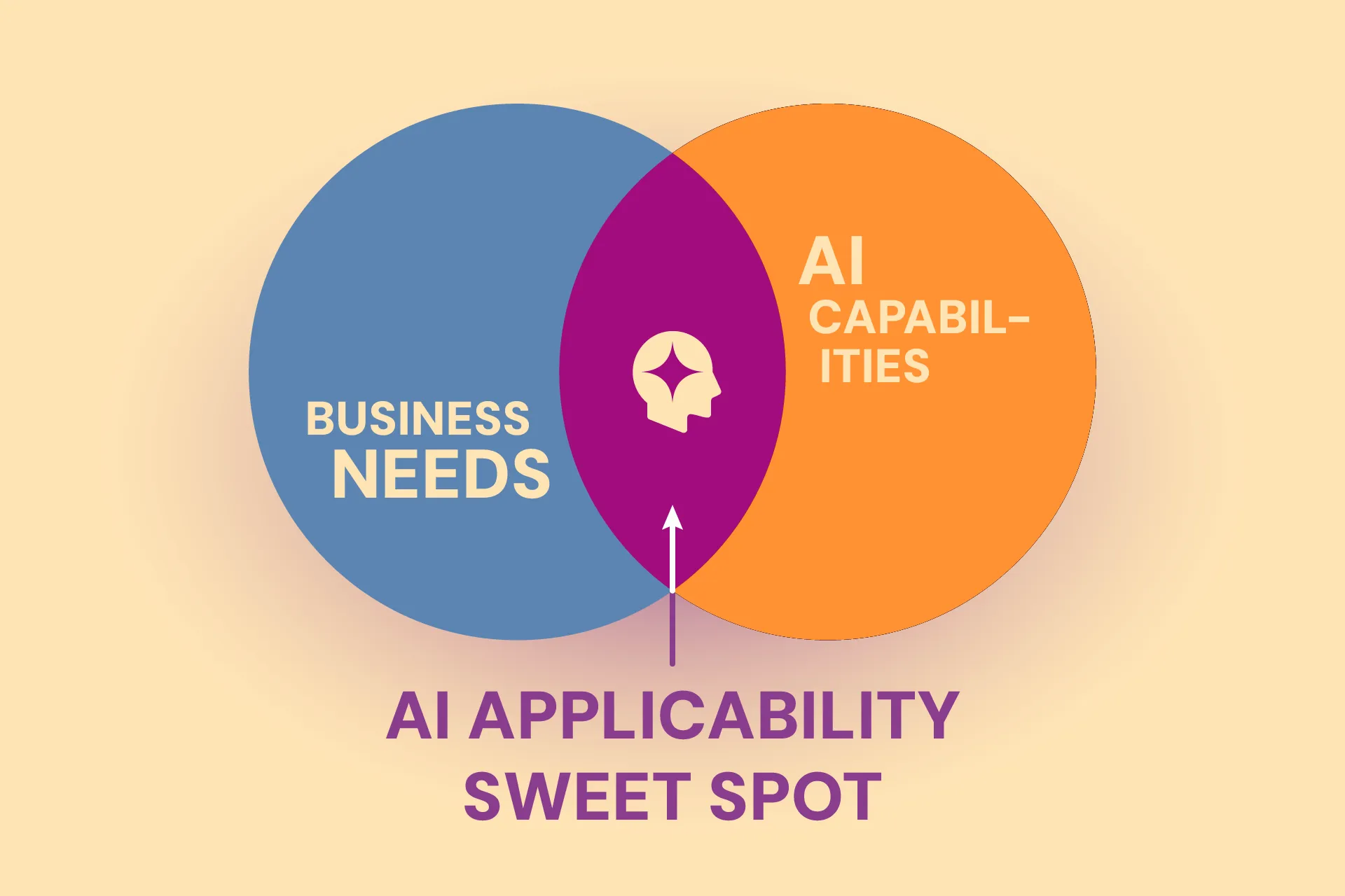 Minimalistic Venn diagram with two overlapping circles: the left circle labelled “Business Needs” in blue, the right circle labelled “AI Capabilities” in orange. The overlapping area is shaded in purple, symbolising the “AI Applicability Sweet Spot”. A line points from the overlap down to the label “AI Applicability Sweet Spot”.