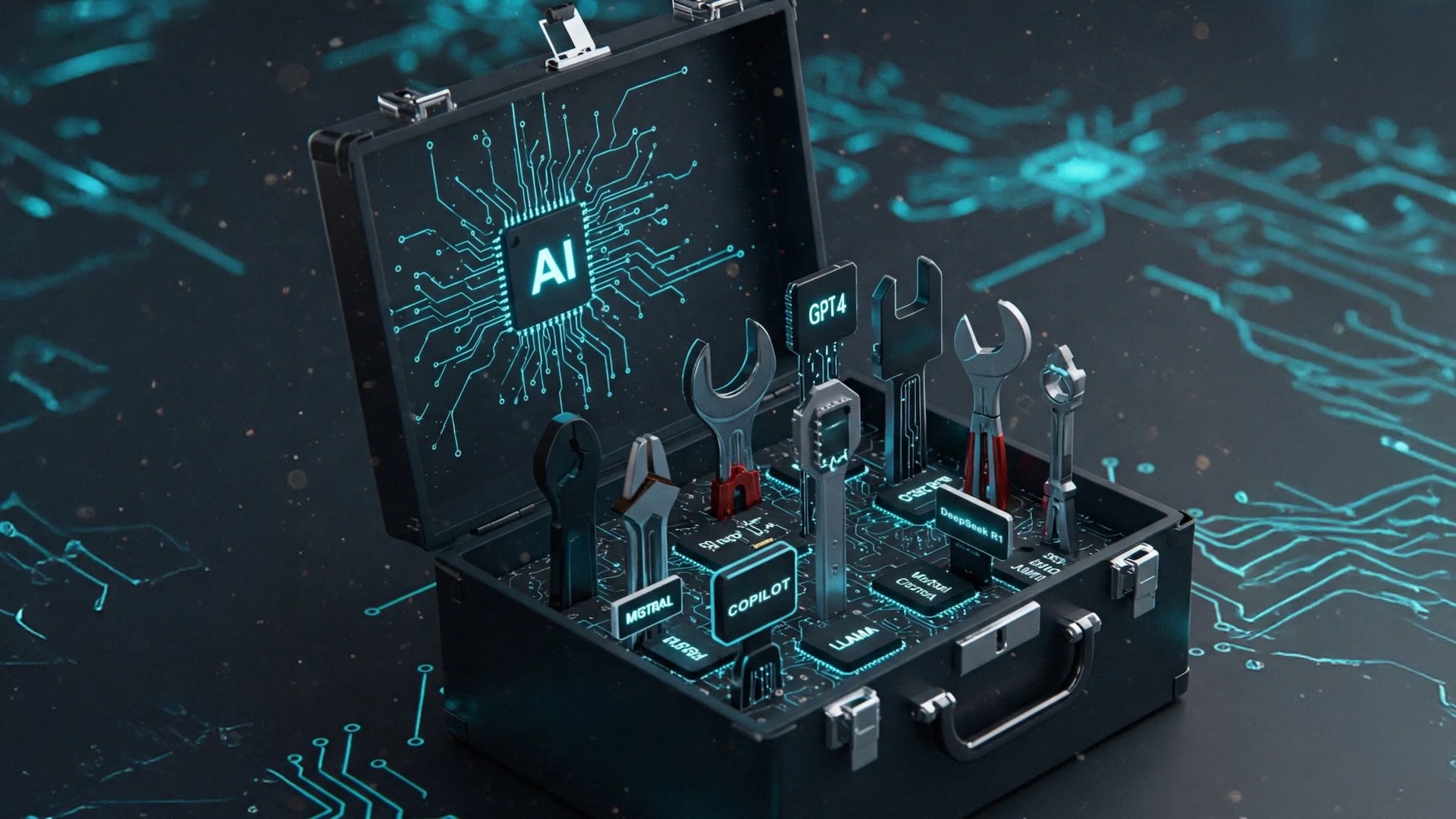 A futuristic digital illustration of an open AI toolbox, set against a glowing circuit board background. The toolbox contains various metallic tools, each labeled with the names of major AI models such as GPT-4, DeepSeek R1, Mistral, LLaMa, and Copilot. A neon-lit AI chip is prominently displayed on the inside of the toolbox lid, symbolizing the technological ecosystem. The tools represent different AI solutions, emphasizing their interchangeable and complementary nature in business applications.